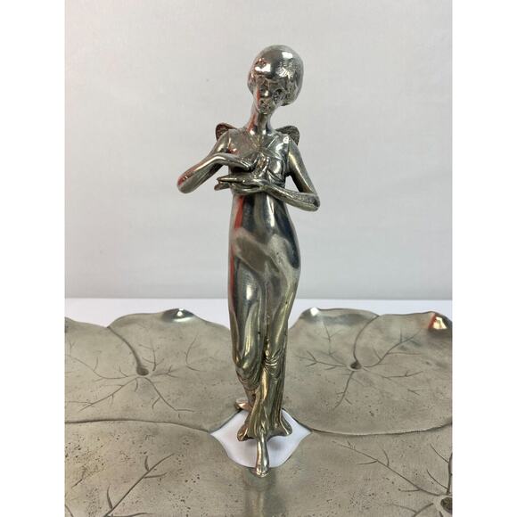 Antique Art Nouveau Pewter Fairy with Dove Lily Pads Sculpture Centerpiece Tray - Picture 6 of 12